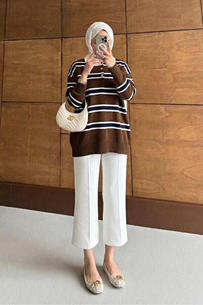 Rimel Moda Polo Collar Striped Tunic Brown