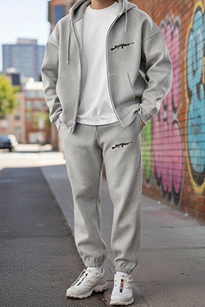 EFFRENATU Hooded Zippered Printed Sweatshirt-Sweatpants Set