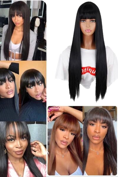 Munico Hastaları Için Uzun Düz Peruk Saç Konforlu Kahküllü Doğal Orjinal Peru...