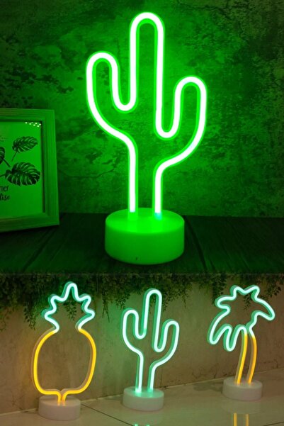 Munico Neon Işıklı Kaktüs Gece Lambası Led Masa Aydınlatması Dekoratif Şık Ta...