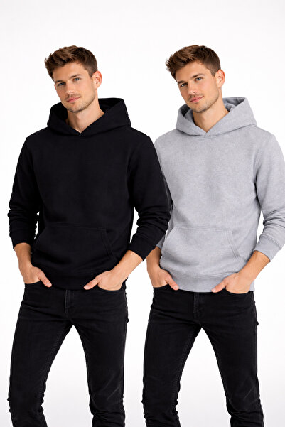 NAKRUF Men's Black and Gray 2-Piece Set Hooded Sweatshirt with Winter Kangaro...