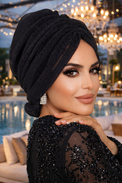 Aişe tesettür Siyah Piliseli Abiye Tokalı Bone