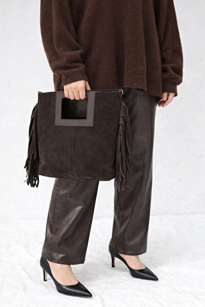 çkn sedat çakan çanta & fular & aksesuar Genuine Suede Leather Tassel Detaile...