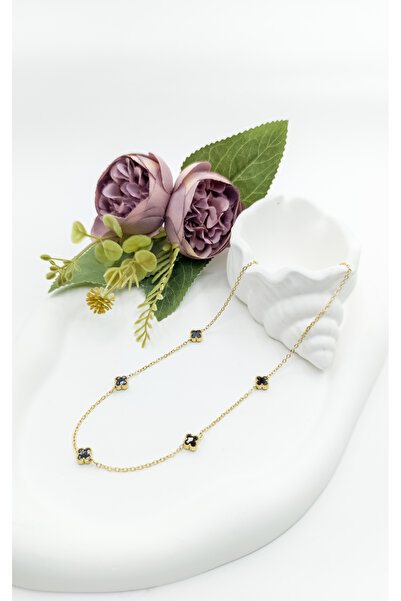 ikiztakı Yonca Figürlü Altın Renk Siyah Taş Detaylı Çelik Kolye