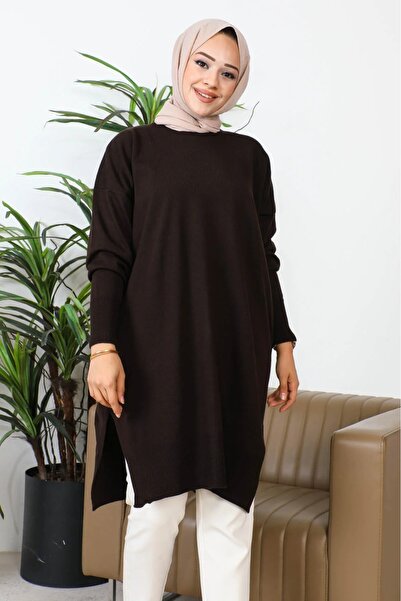 DAS KLEID Brown Crew Neck Slim Mercerized Casual Knitwear Tunic