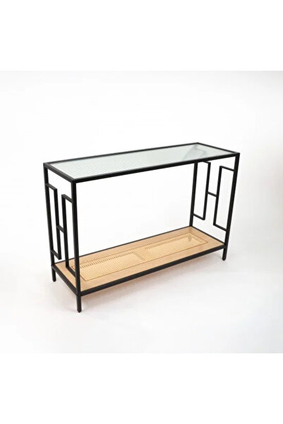 Generic Two-tier console table with a glass top, metal frame, and bamboo-patt...