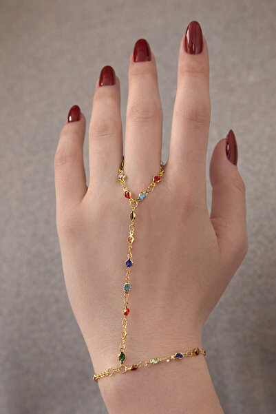 Craftique حجر الزركون الملون ذهبي اللون - سوار سلسلة يد نسائي