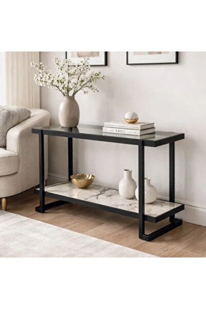 Generic طاولة كونسول من طبقتين مصنوعة من الزجاج والسيراميك بإطار معدني عصري