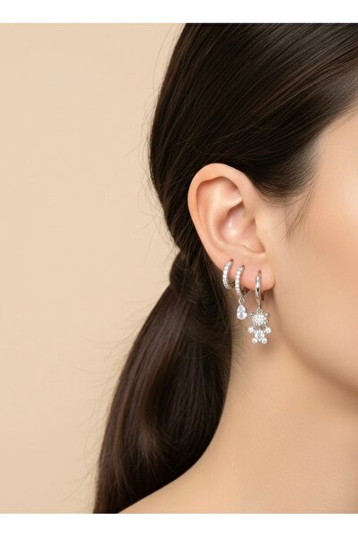 duru bags&wallet ÜÇLÜ KÜPE HALKA AYICIK ZİRKON TAŞLI MODEL