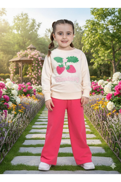 PİJAKİDS Strawberry Patterned Wide-Lette 2-Thread Seasonal Top and Bottom Gir...