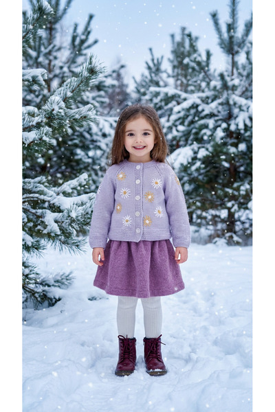 Butik KIZ ÇOCUK LİLA RENK PAPATYA İŞLEMELİ EL ÖRGÜSÜ HIRKA