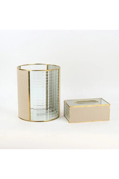 Generic Glass Square and Gold Round Wastebasket Set and Tissue Box