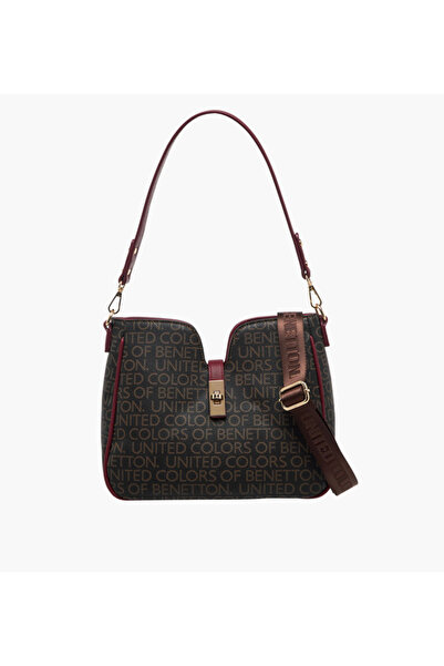 United Colors of Benetton Monogram Print Shoulder Bag with Detachable Strap