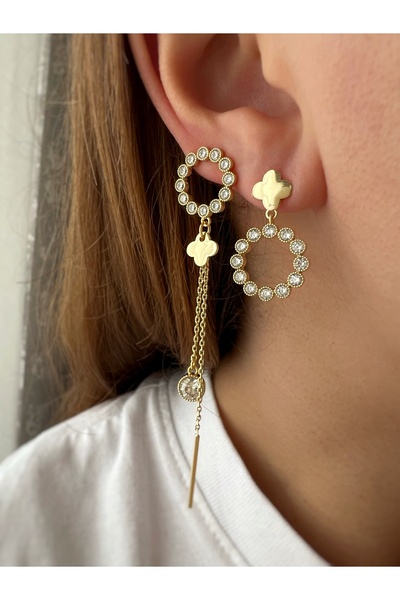 ToffyStore Vip Oval Clover Detail Design Earrings -Pp