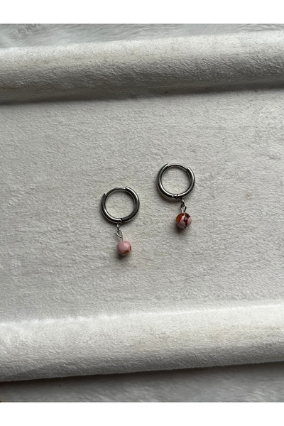 Pel Design Minimal Pink Amber Stone Silver Color Steel Hoop Earrings Handmade