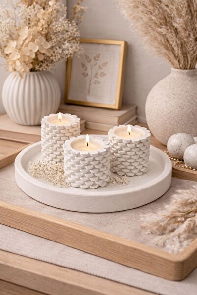 BUBUHOMEDECOR 3'lü Set Mumluk veya Şamdanlık Tabaklı Beyaz