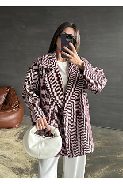 My Blog Burgundy Herringbone Oversized Cashmere Coat - 9252
