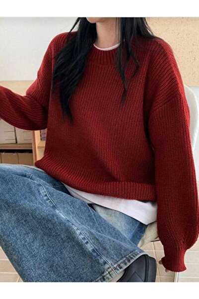 LUVON Red Crew Neck Oversize Women's Knitwear Sweater