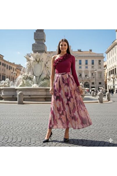 FULLJOY "طقم قطعتين من بلوزة استرتش بلون خمري جذاب مع قصة كتف واحدة مزينة بكش...