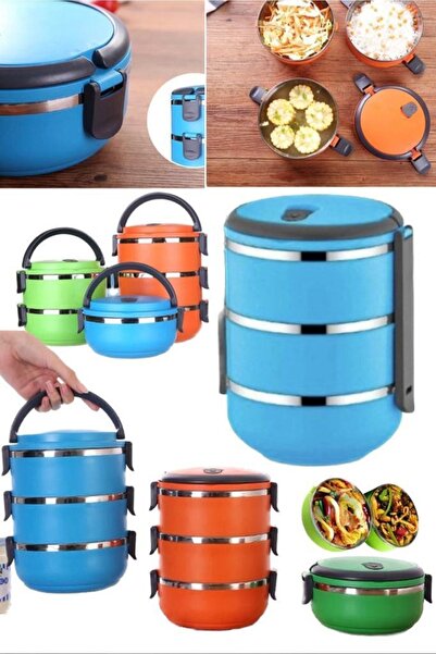 Munico 3 Katlı Mavi Sefer Tası Sıcak & Taze Tutan Yemek Saklama Kabı Taşınabi...