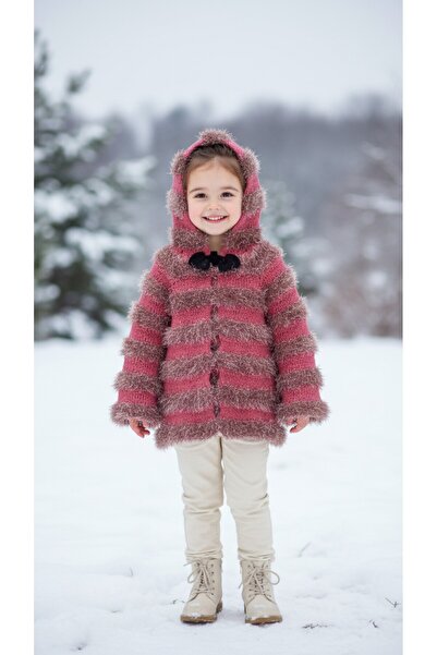 Butik KIZ ÇOCUK PEMBE SAKALLI İP DETAYLI KAPÜŞONLU EL ÖRGÜSÜ HIRKA