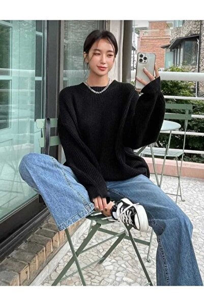 LUVON Black Crew Neck Oversize Women's Knitwear Sweater