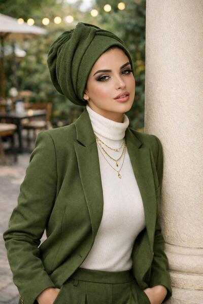 Aişe tesettür Șapcă cu bandă răsucită kaki