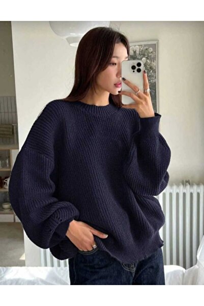 LUVON Navy Blue Crew Neck Oversize Women's Knitwear Sweater