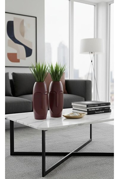 DEVADA HOME 2'Lİ YAPAY ÇİMENLİ SİLÜET VAZO YÜZ FİGÜRLÜ DEKORATİF VAZO SETİ