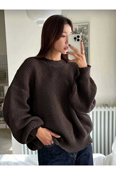 LUVON Brown Crew Neck Oversize Women's Knitwear Sweater