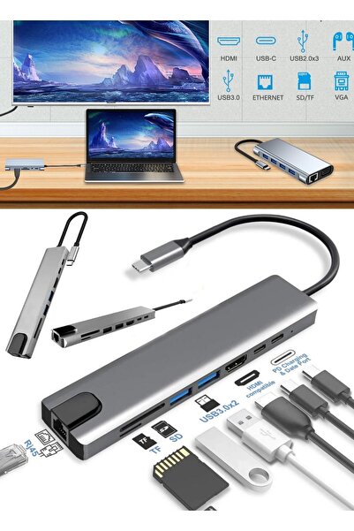 Munico 8 In 1 C Tipi Hub 4k Bağlantı Istasyonu Yüksek Kaliteli Çift Hdmı Rj45 100 Mb Ethernet Pd Çoklayıcı