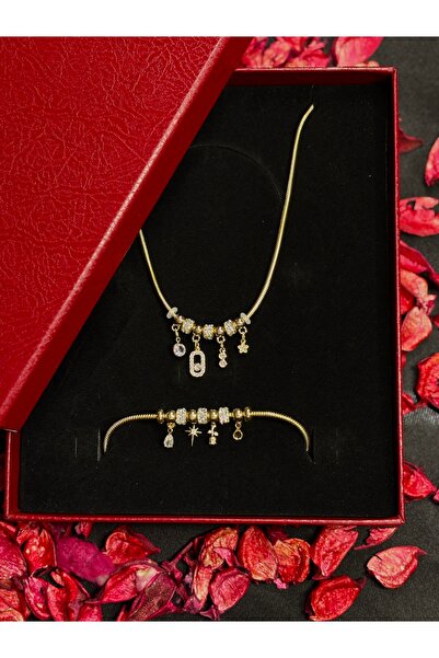 lotusbybuket Sevgililer günü özel Gold Charmlı kolye&bileklik set