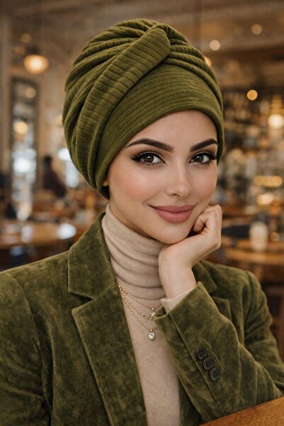 Aişe tesettür Haki Kadife Burgu Bantlı Hazır Bone