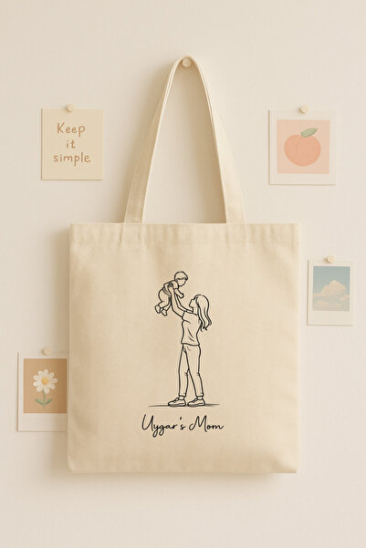 Maki Craft Kişiye Özel Minimal Anne & Erkek Çocuk Çizimli Tasarım Bez Çanta- ...