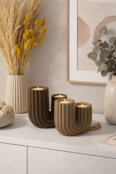 BUBUHOMEDECOR Modern Evler için Kaktüs Figürlü 2'li mumluk Kahverengi/Açık Ka...