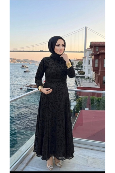 UZER Kadın kadife Baskılı Astarlı Uzun şık Abiye Elbise,günlük elbise