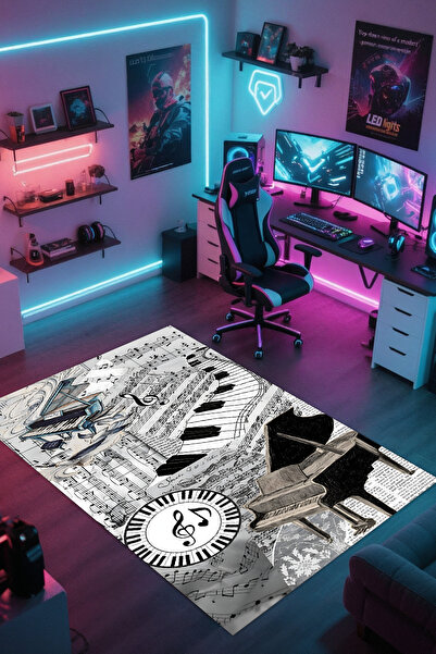 Reyhani Piyano Desenli Kaymaz Taban Makinede Yıkanabilir Çocuk Gamıng Halısı ...