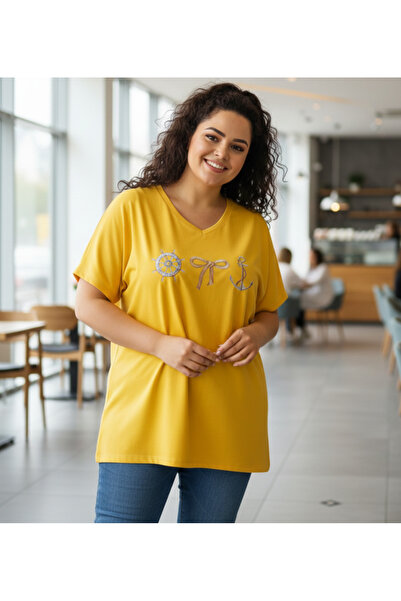 Barato Дамска тениска с V-образно деколте от висококачествен памук в големи р...