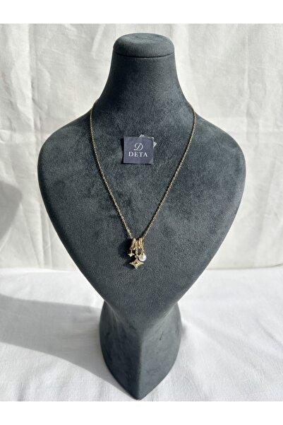 stainless steell Sarı (Gold) Zincir Sallantı İnci Taş Detaylı Çelik Kolye