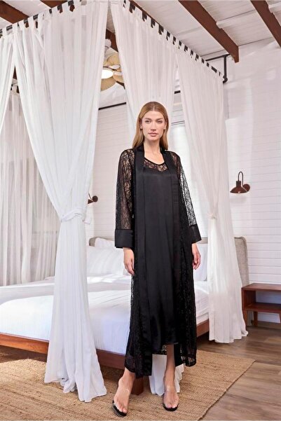 Motto10 butik Motto10Butik 100% Viscose Lace and Low-Cut Satin Robe Set