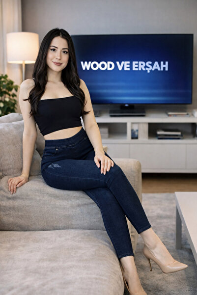 Lüx Wood Sunway 11903 Battal Kadın Jean Görünümlü Yüksek Bel Esnek Denim Tayt