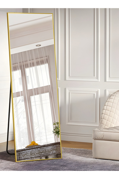 Taimi مرآة كبيرة بتصميم أنيق 155×45 سم - مرآة كاملة الطول بإطار معدني ذهبي وح...