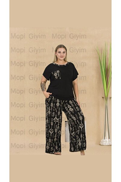 MOPİ Plus Size Black Patterned Viscose Short Sleeve Home Wear & Pajama Set – ...