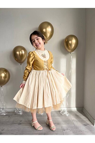 Sare Çocuk Giyim Gold Nostalgia Vest Detailed Girls' Design Dress + Buckle