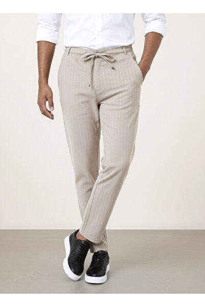 Sizce Moda بنطلون رياضي رجالي بيج منسوج مخطط، بفتحة أمامية بأزرار، بسحاب، جيو...