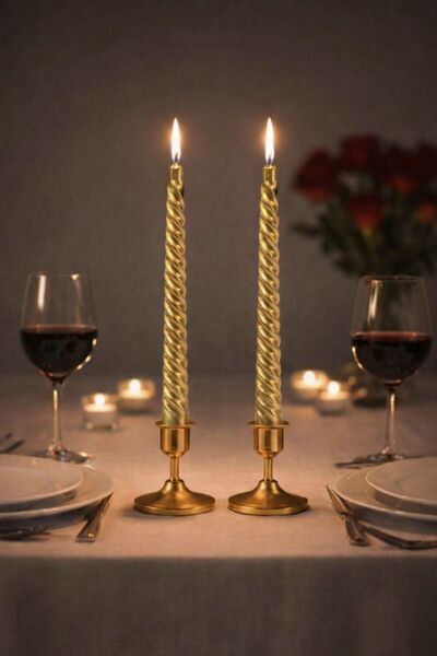 Soft Kare Gold Burgu Mum 2’li Set | Dekoratif Spiral Uzun Mum | Masa, Salon v...