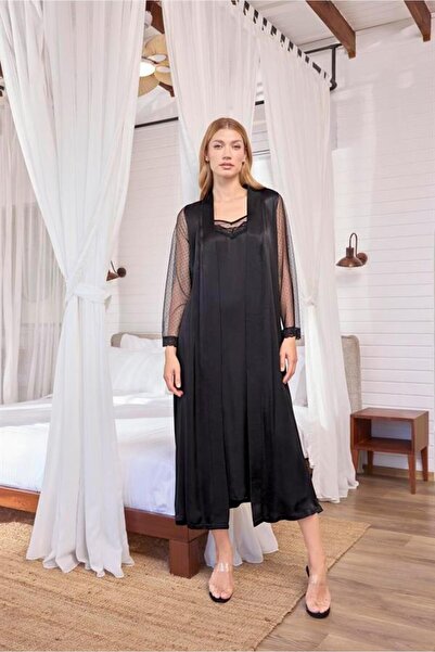 Motto10 butik Motto10Butik Lace Tulle and Low-Cut Satin Robe Set