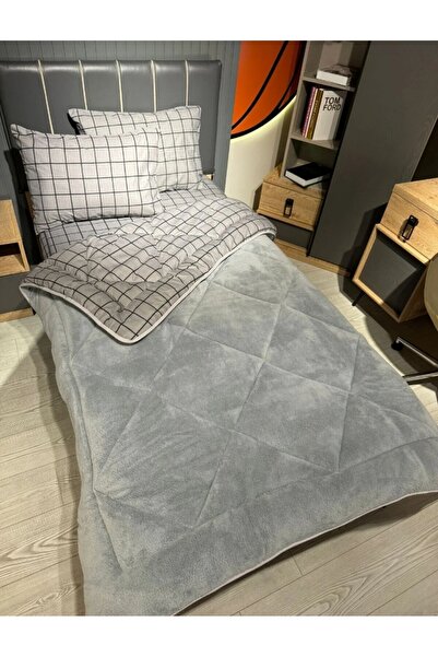 Rıza-Home 4 Parça Tek Kişilik Gri Kareli Yorganlı Uyku Seti – Lastikli Çarşaf...