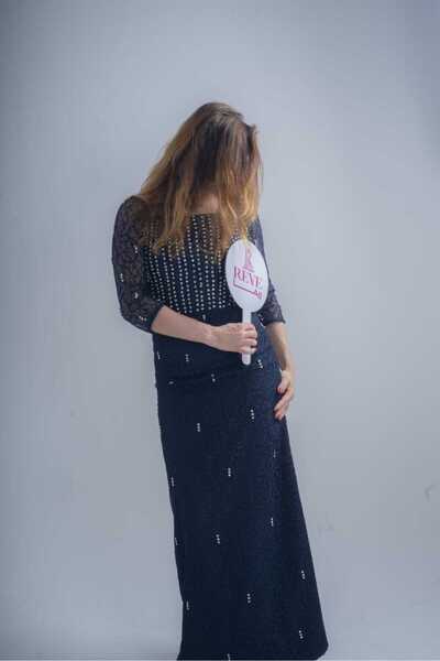 REVE A navy blue lace dress, embellished with sequins, and featuring elegant ...