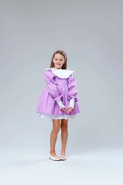kiddos.ro Girls' lilac dress, 100% cotton, with puff sleeves and detachable c...